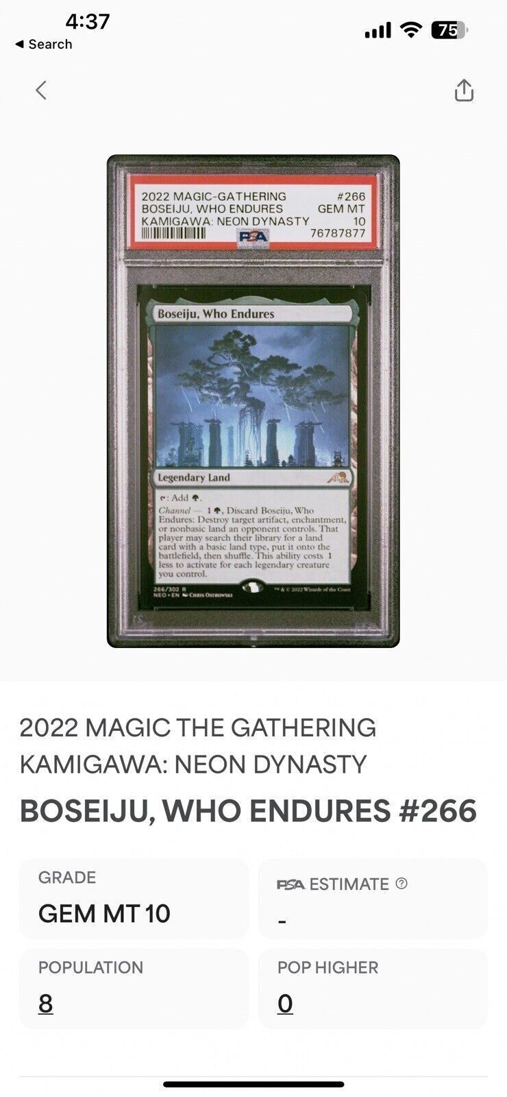 PSA 10 Gem Mint MTG Boseiju, Who Endures 266 Kamigawa NEO Rare