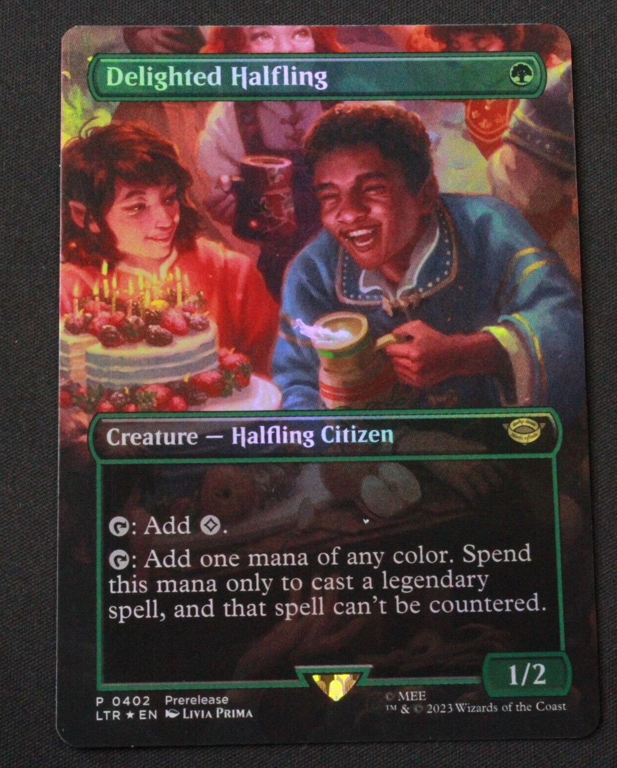 MTG Lord of the Rings (LTR) Rare FOIL Delighted Halfling (Borderless) 402 NM